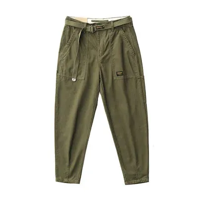100% Cotton Washed Woven Tapered Cargo Pants - Men's Fashion Casual Straight Pencil Trousers with Belt