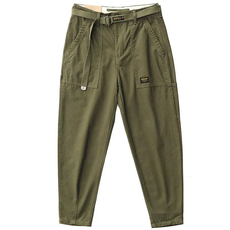 100% Cotton Washed Woven Tapered Cargo Pants - Men's Fashion Casual Straight Pencil Trousers with Belt