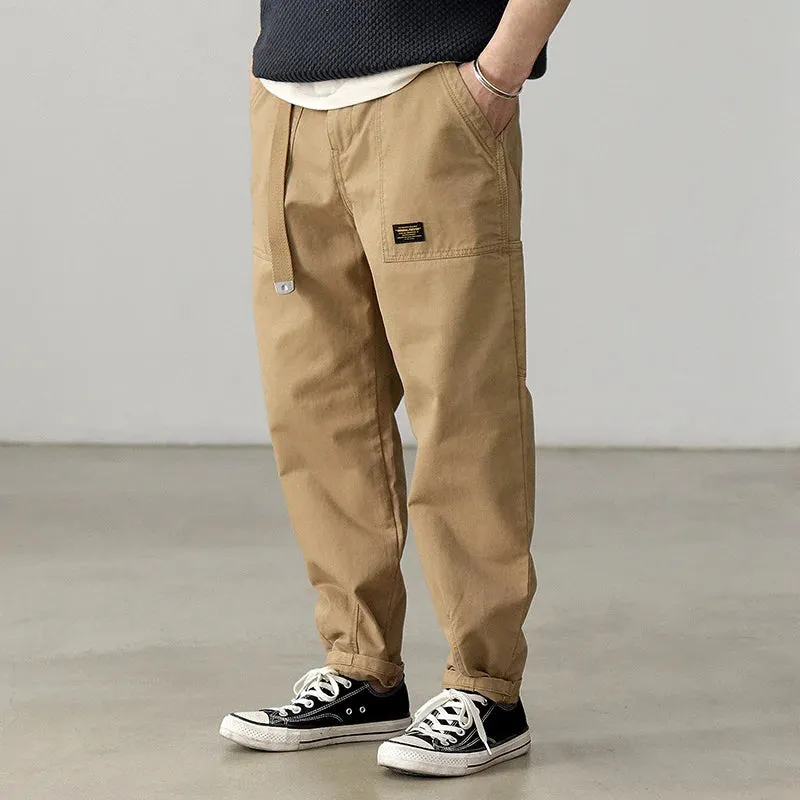 100% Cotton Washed Woven Tapered Cargo Pants - Men's Fashion Casual Straight Pencil Trousers with Belt
