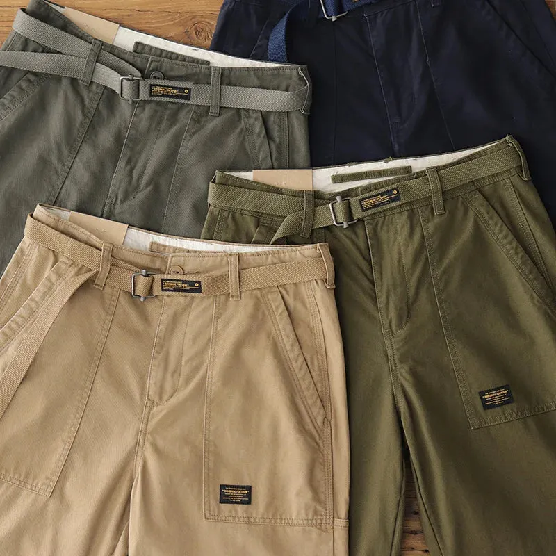 100% Cotton Washed Woven Tapered Cargo Pants - Men's Fashion Casual Straight Pencil Trousers with Belt