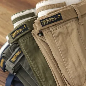 100% Cotton Washed Woven Tapered Cargo Pants - Men's Fashion Casual Straight Pencil Trousers with Belt