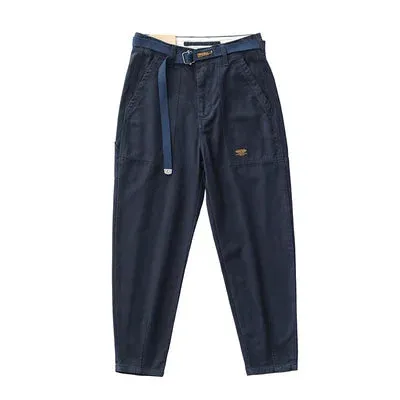 100% Cotton Washed Woven Tapered Cargo Pants - Men's Fashion Casual Straight Pencil Trousers with Belt