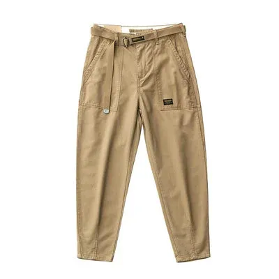 100% Cotton Washed Woven Tapered Cargo Pants - Men's Fashion Casual Straight Pencil Trousers with Belt