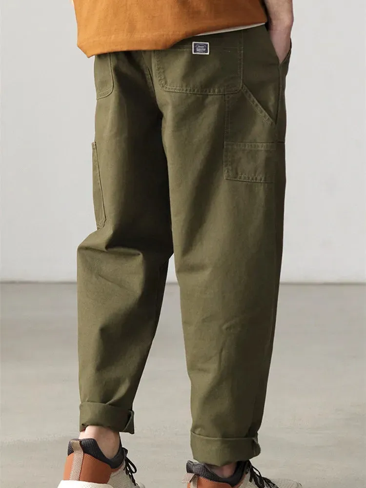 100% Cotton Washed Woven Tapered Cargo Pants - Men's Fashion Casual Straight Pencil Trousers with Belt