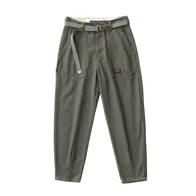 100% Cotton Washed Woven Tapered Cargo Pants - Men's Fashion Casual Straight Pencil Trousers with Belt