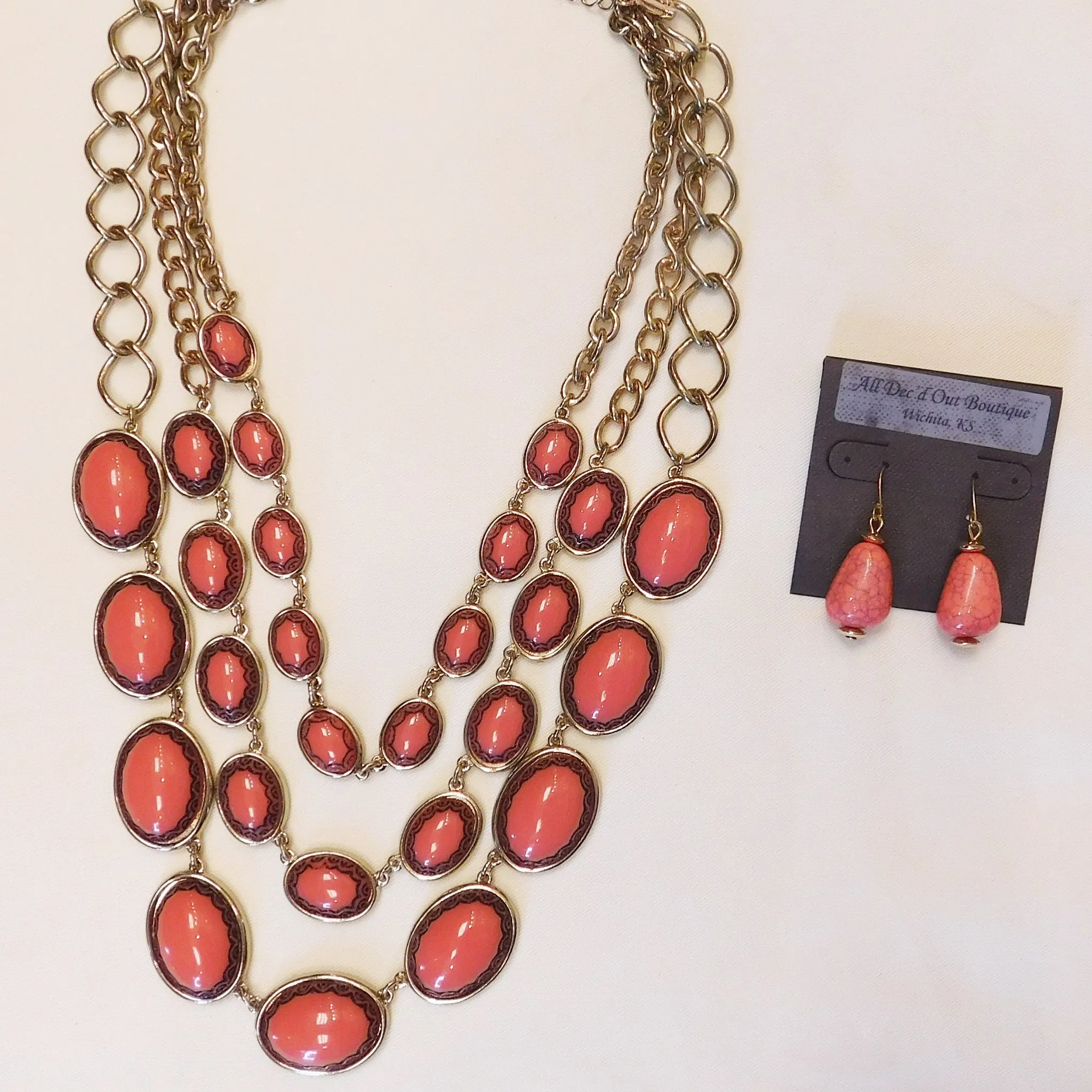 ADO | Coral Beads & Gold Chain  3 Stand Necklace