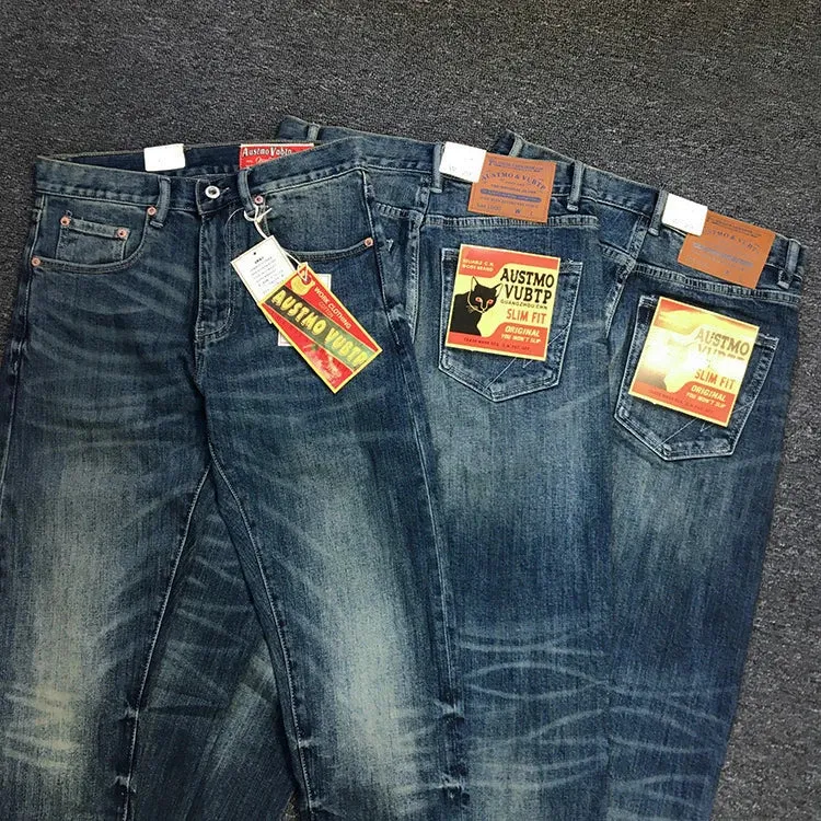 American Retro Heavyweight Denim Jeans - Men's Pure Cotton Washed Stretch Slim Casual Straight Pencil Pants