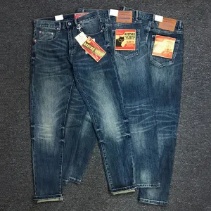 American Retro Heavyweight Denim Jeans - Men's Pure Cotton Washed Stretch Slim Casual Straight Pencil Pants