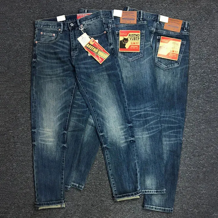 American Retro Heavyweight Denim Jeans - Men's Pure Cotton Washed Stretch Slim Casual Straight Pencil Pants
