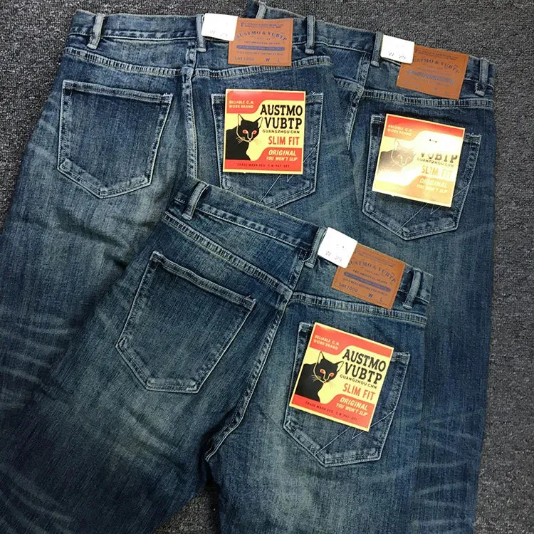 American Retro Heavyweight Denim Jeans - Men's Pure Cotton Washed Stretch Slim Casual Straight Pencil Pants