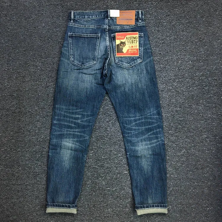 American Retro Heavyweight Denim Jeans - Men's Pure Cotton Washed Stretch Slim Casual Straight Pencil Pants