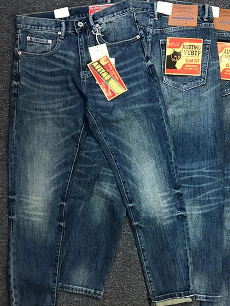 American Retro Heavyweight Denim Jeans - Men's Pure Cotton Washed Stretch Slim Casual Straight Pencil Pants