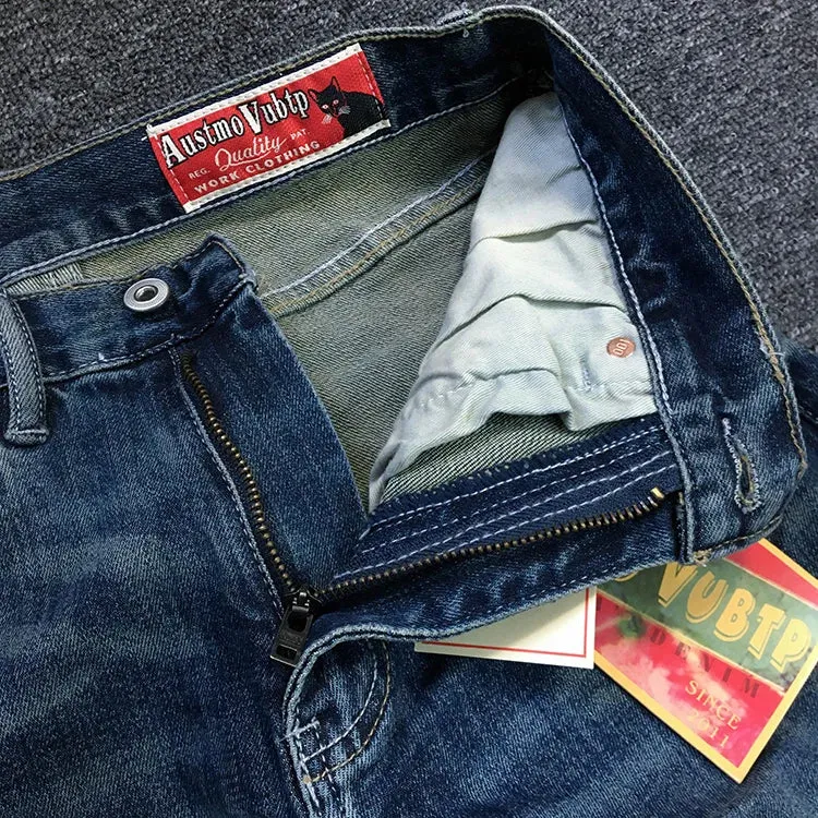 American Retro Heavyweight Denim Jeans - Men's Pure Cotton Washed Stretch Slim Casual Straight Pencil Pants