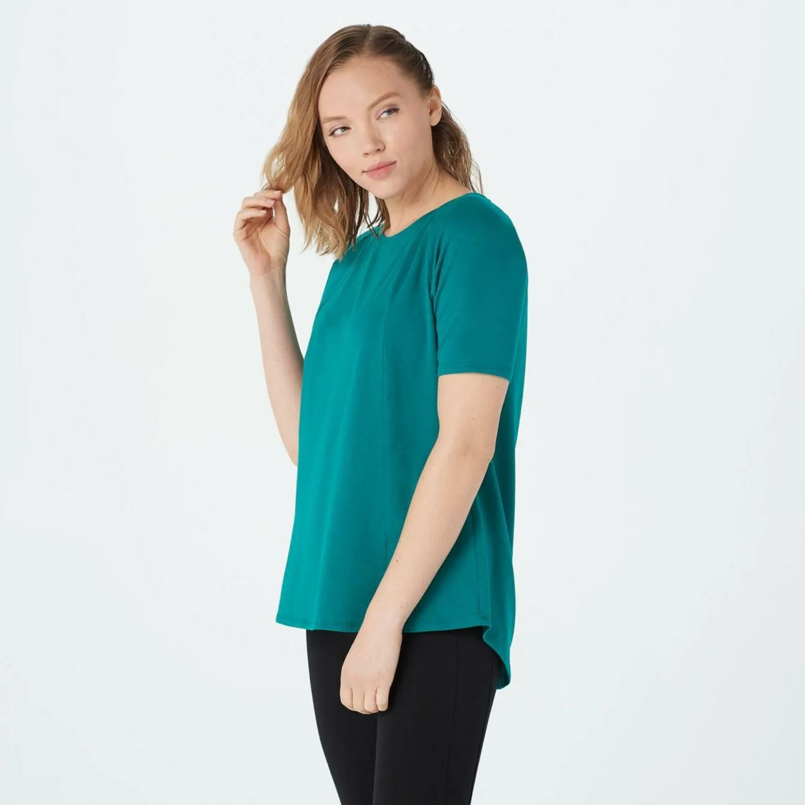 AnyBody Women's Cozy Knit Short-Sleeve Swing Top Everglade XS