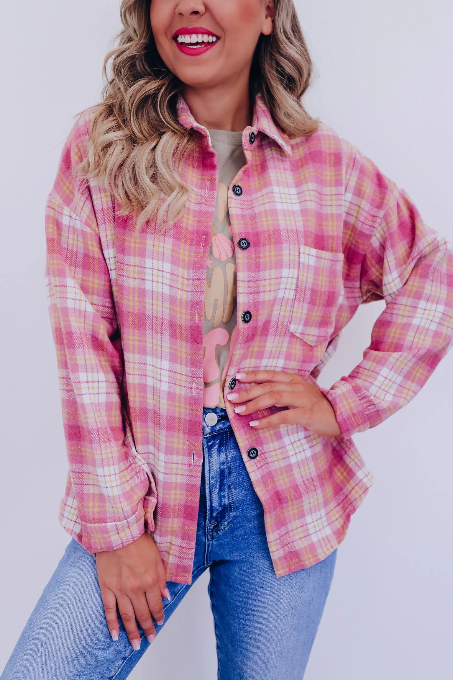 Autumn Flannel Button Up Shacket-Pink