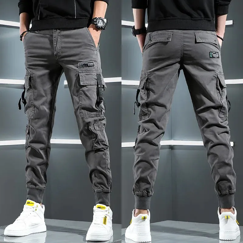 Autumn Tactical Cargo Men's Streetwear Hip Hop Casual Big Pockets Gray Cotton Baggy Trousers
