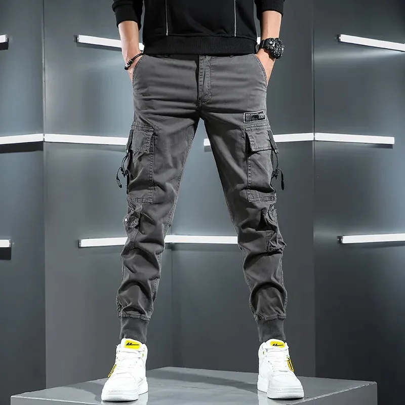 Autumn Tactical Cargo Men's Streetwear Hip Hop Casual Big Pockets Gray Cotton Baggy Trousers