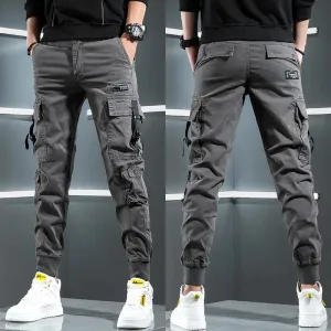 Autumn Tactical Cargo Men's Streetwear Hip Hop Casual Big Pockets Gray Cotton Baggy Trousers