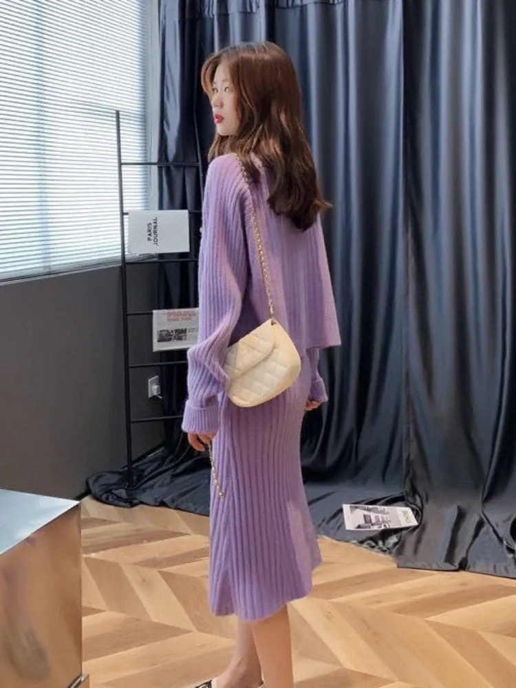 Autumn Winter Two Piece Knit V-Neck Casual Dress Set