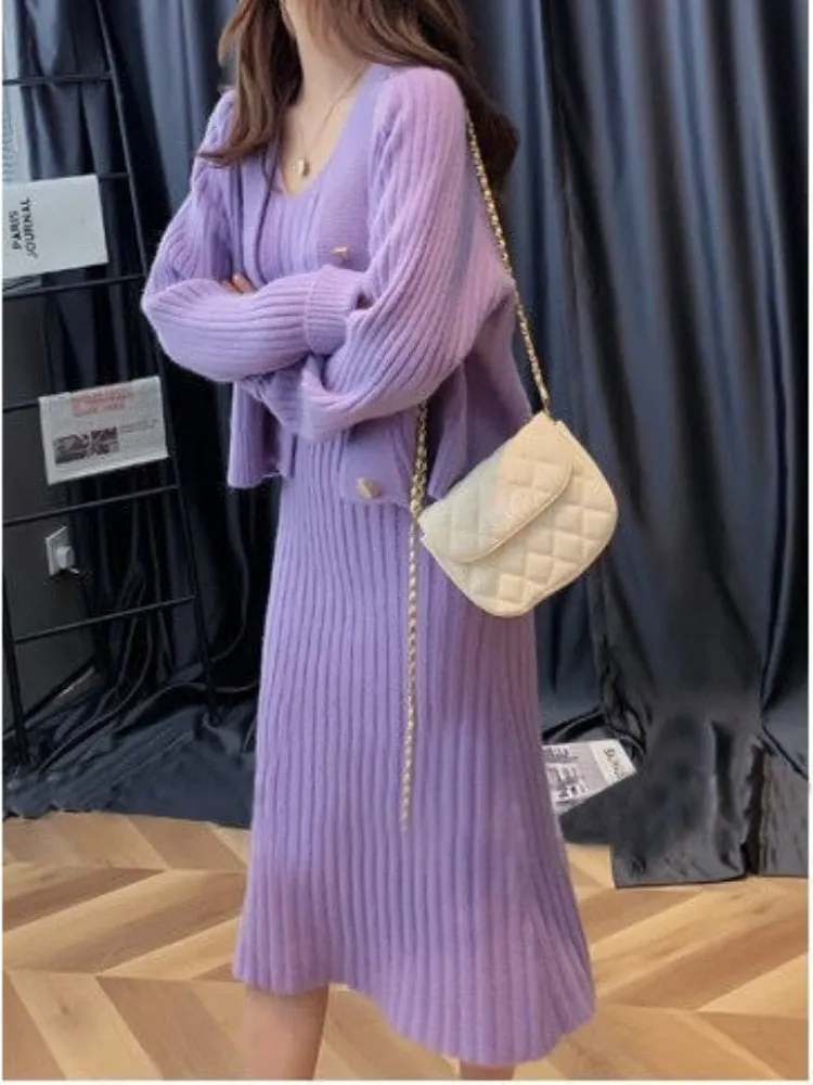 Autumn Winter Two Piece Knit V-Neck Casual Dress Set
