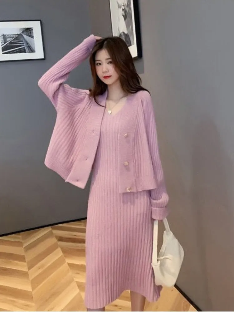Autumn Winter Two Piece Knit V-Neck Casual Dress Set