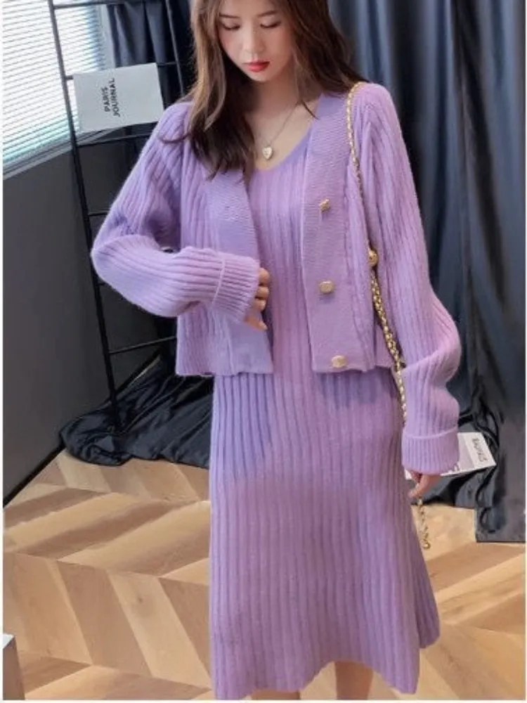 Autumn Winter Two Piece Knit V-Neck Casual Dress Set