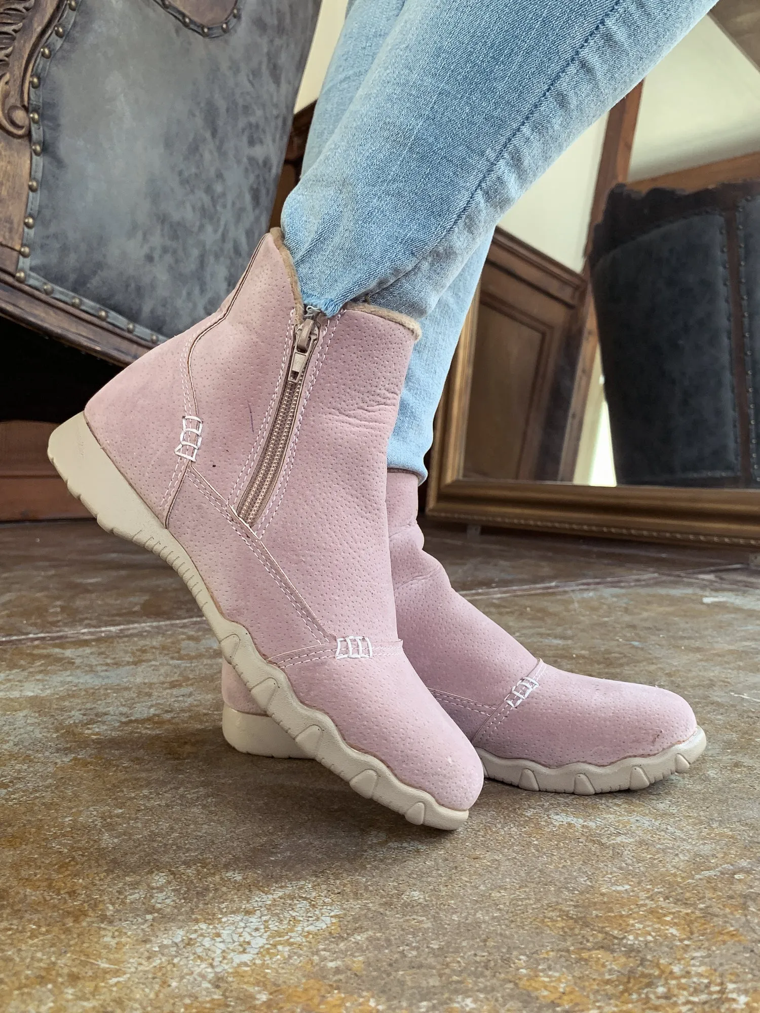 Baby Pink Plush-Lined Low Ankle Boot