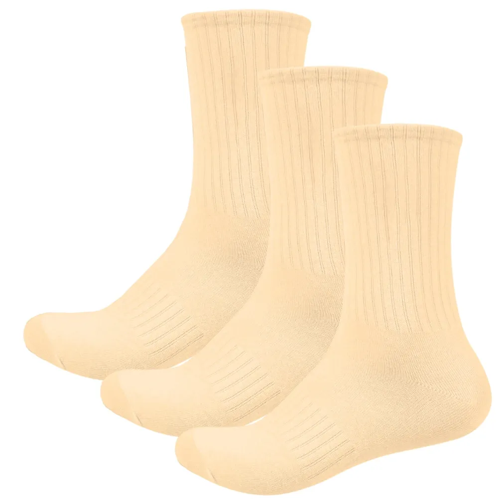 Basic Plain High Cut Crew Length Cotton Socks w/ Ribbed Leg and Foot Arch Support