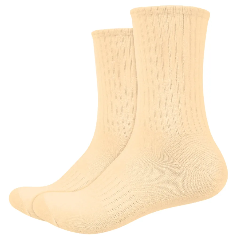 Basic Plain High Cut Crew Length Cotton Socks w/ Ribbed Leg and Foot Arch Support