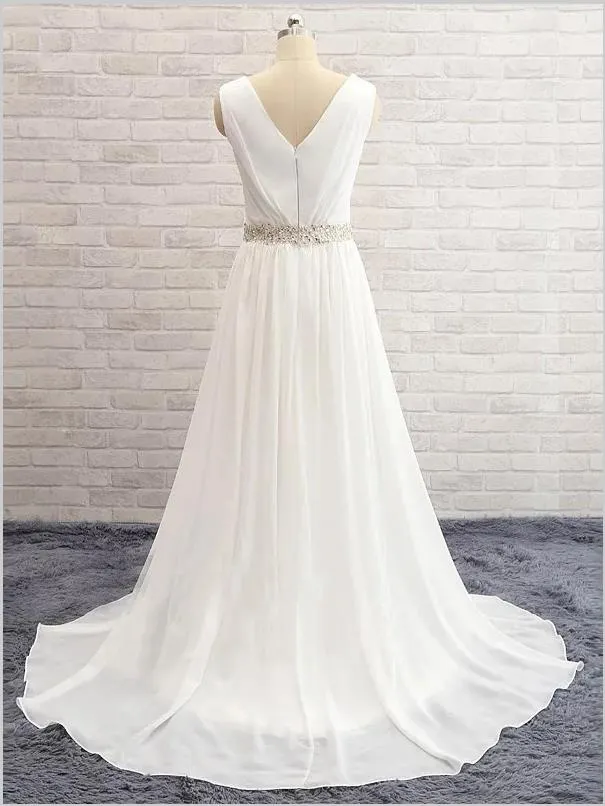Beading Chiffon Princess V-neck Train Wedding Dresses with split