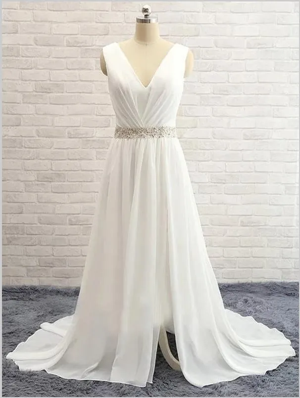 Beading Chiffon Princess V-neck Train Wedding Dresses with split