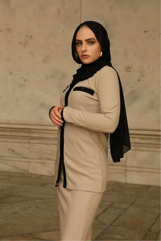 Bella Matching Ribbed Top & Skirt Set - Stone Oat