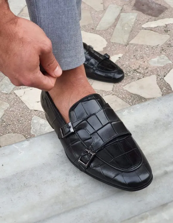 Black Croc Monk Strap Loafers