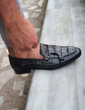 Black Croc Monk Strap Loafers