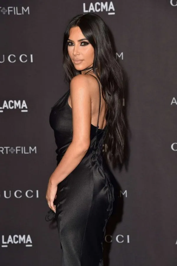 Black Kim Kardashian (Kim K) Satin Dress V Neck Prom Celebrity Dress LACMA Art Film Gala