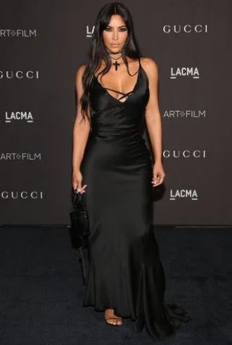 Black Kim Kardashian (Kim K) Satin Dress V Neck Prom Celebrity Dress LACMA Art Film Gala