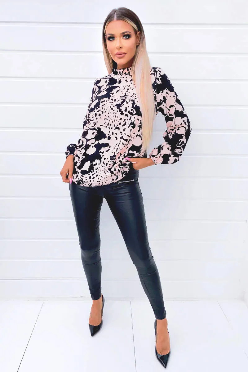 Black Nude Abstract Print High Neck Blouse