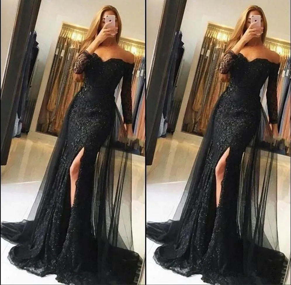 Black Off the Shoulder long sleeves Illusion Prom Dresses Side Slit Evening Dresses