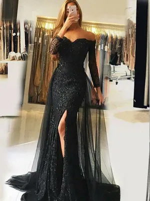 Black Off the Shoulder long sleeves Illusion Prom Dresses Side Slit Evening Dresses
