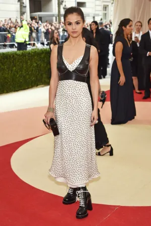 Black White Selena Gomez V Neck Dress Spots Fit Flare Prom Red Carpet Dress Met Gala