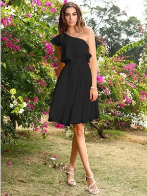 Chiffon One Shoulder Bridesmaid Dresses,Sleeveless Short Bridesmaid Dresses