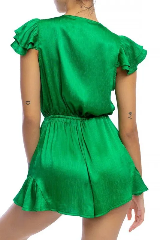 Crinkle Green Satin Tie Romper