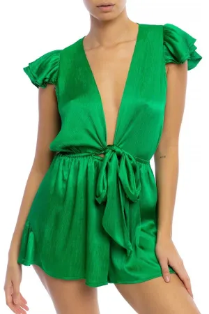 Crinkle Green Satin Tie Romper