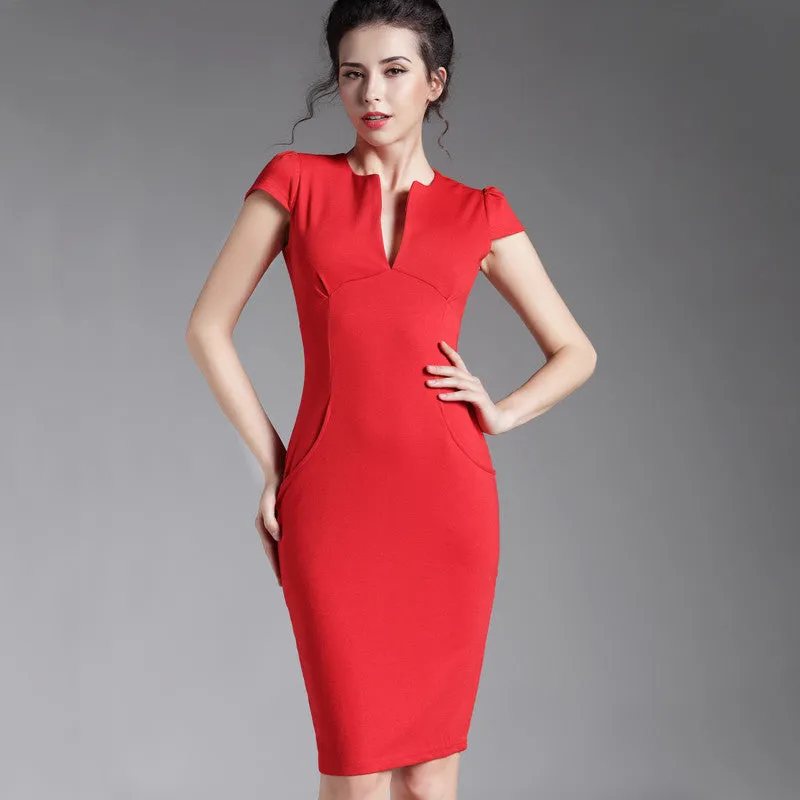 Deep V bodycon bandage Business work office Party Pencil sheath vintage women summer casual dress 521
