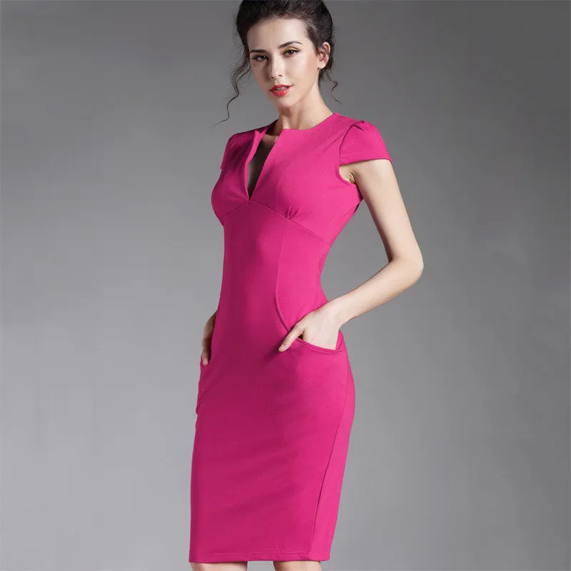 Deep V bodycon bandage Business work office Party Pencil sheath vintage women summer casual dress 521