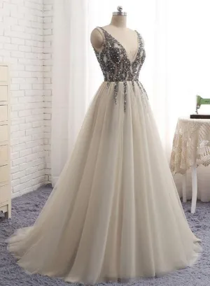 Deep V Neckline Appliques Tulle Long prom dresses Evening Dresses for Women
