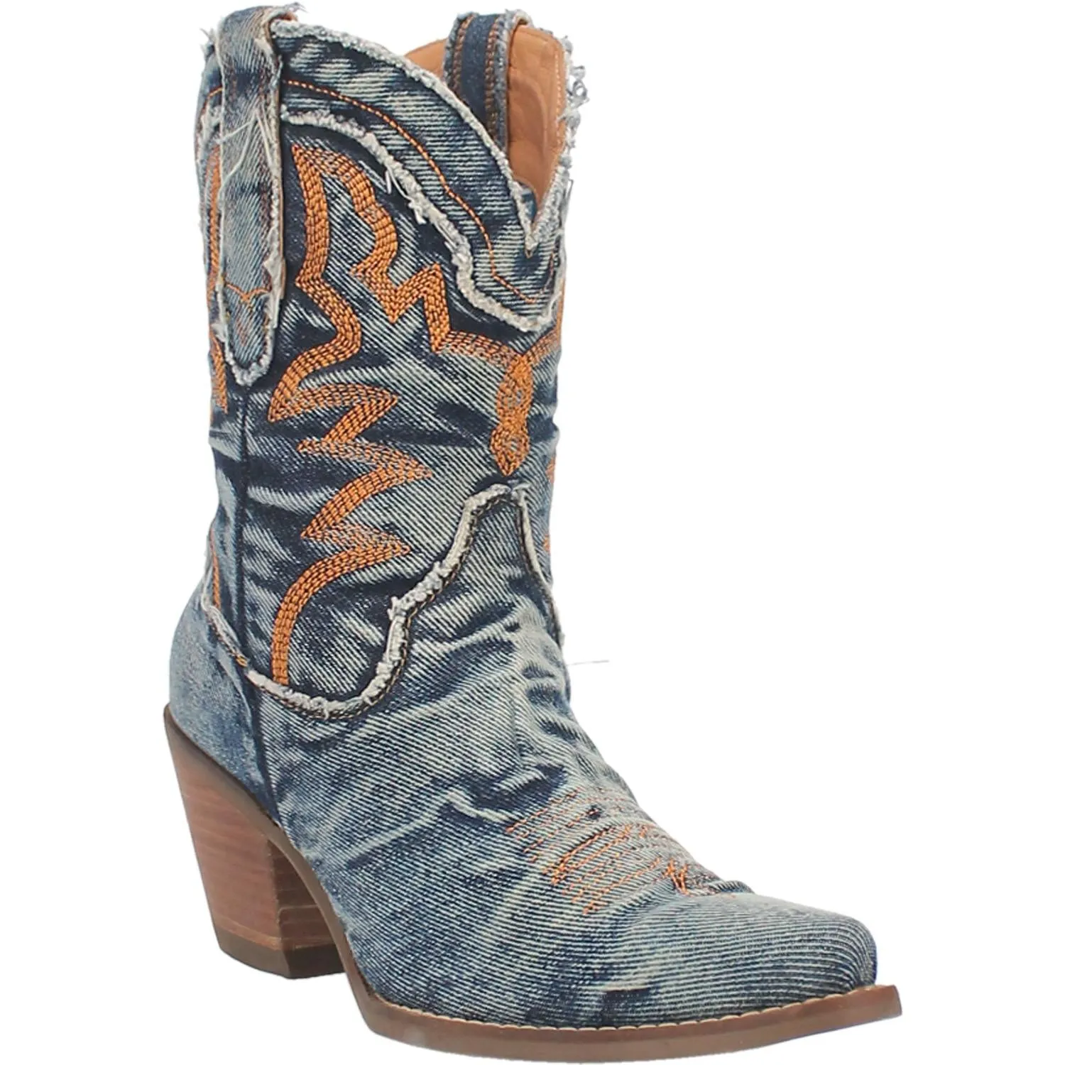 Dingo Ladies Y'all Need Dolly Blue Denim Fashion Western Snip Toe Boots with Orange Stitching