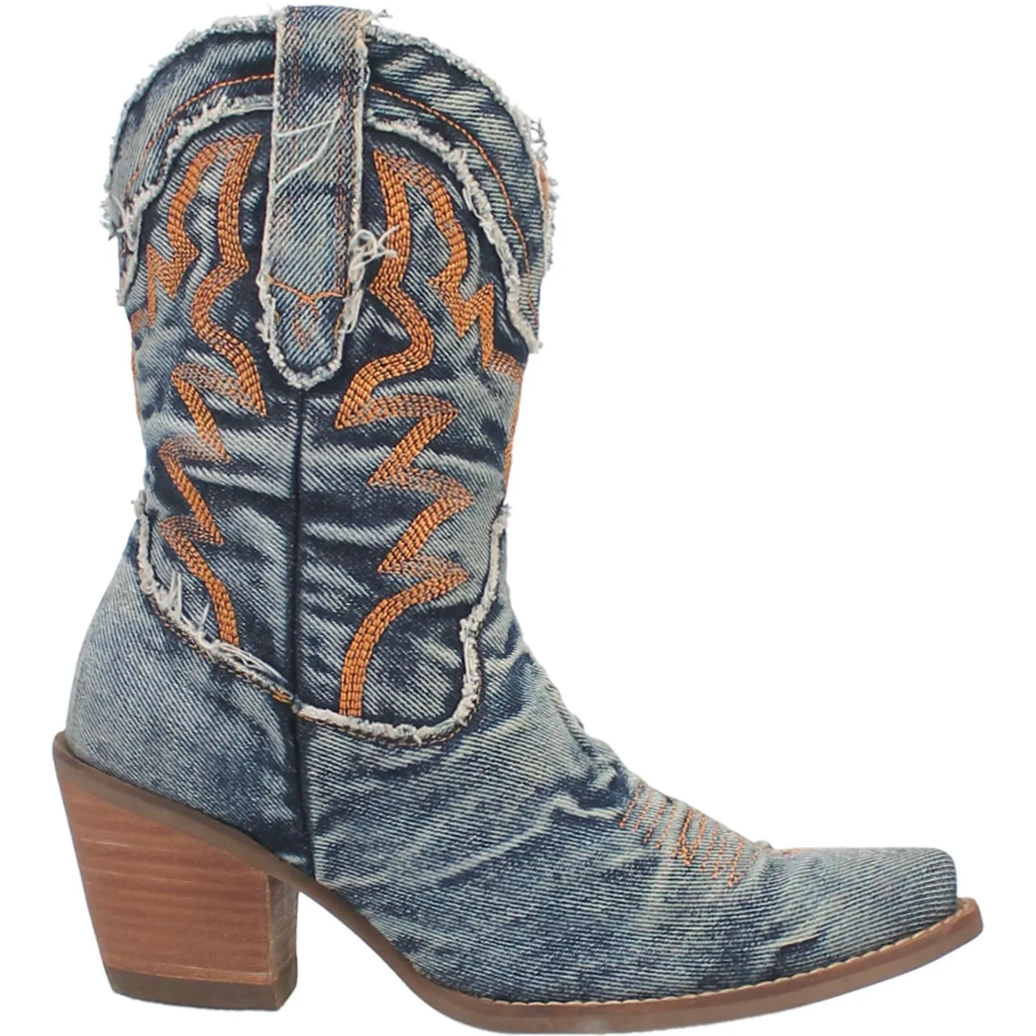 Dingo Ladies Y'all Need Dolly Blue Denim Fashion Western Snip Toe Boots with Orange Stitching