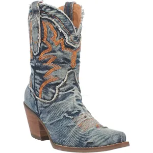 Dingo Ladies Y'all Need Dolly Blue Denim Fashion Western Snip Toe Boots with Orange Stitching