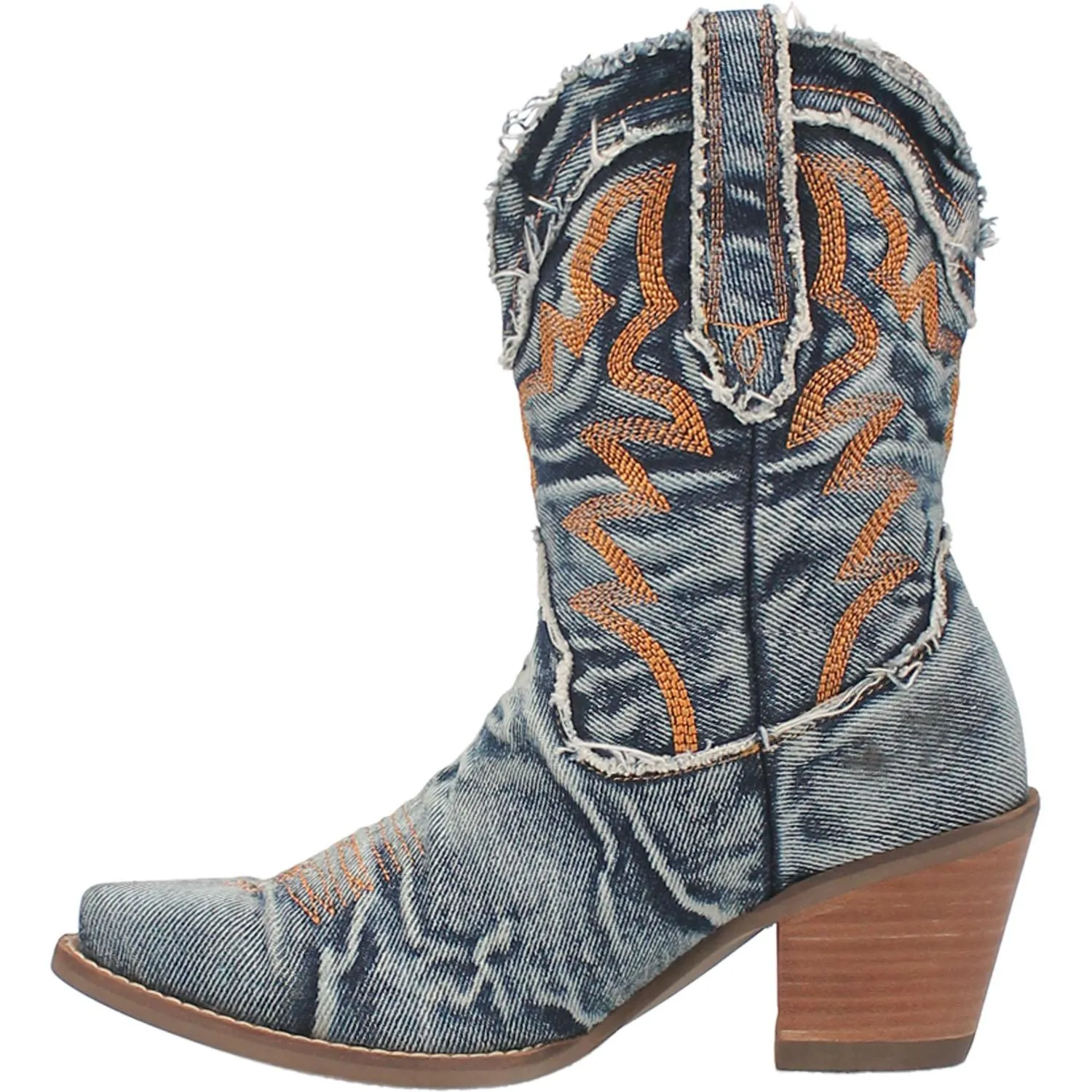 Dingo Ladies Y'all Need Dolly Blue Denim Fashion Western Snip Toe Boots with Orange Stitching